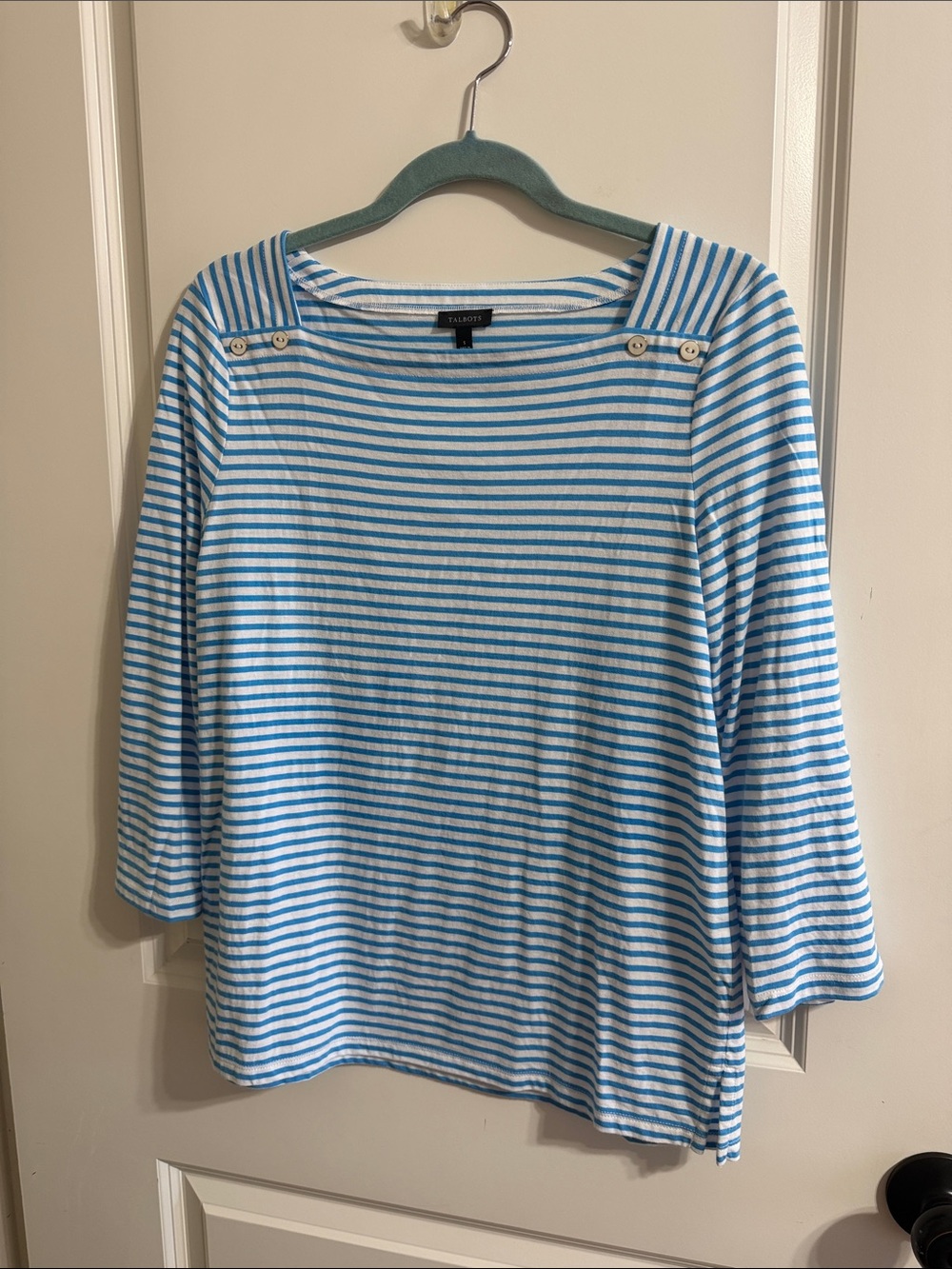 Talbots White and Blue Striped Button-Shoulder Long Sleeve Top women’s small
